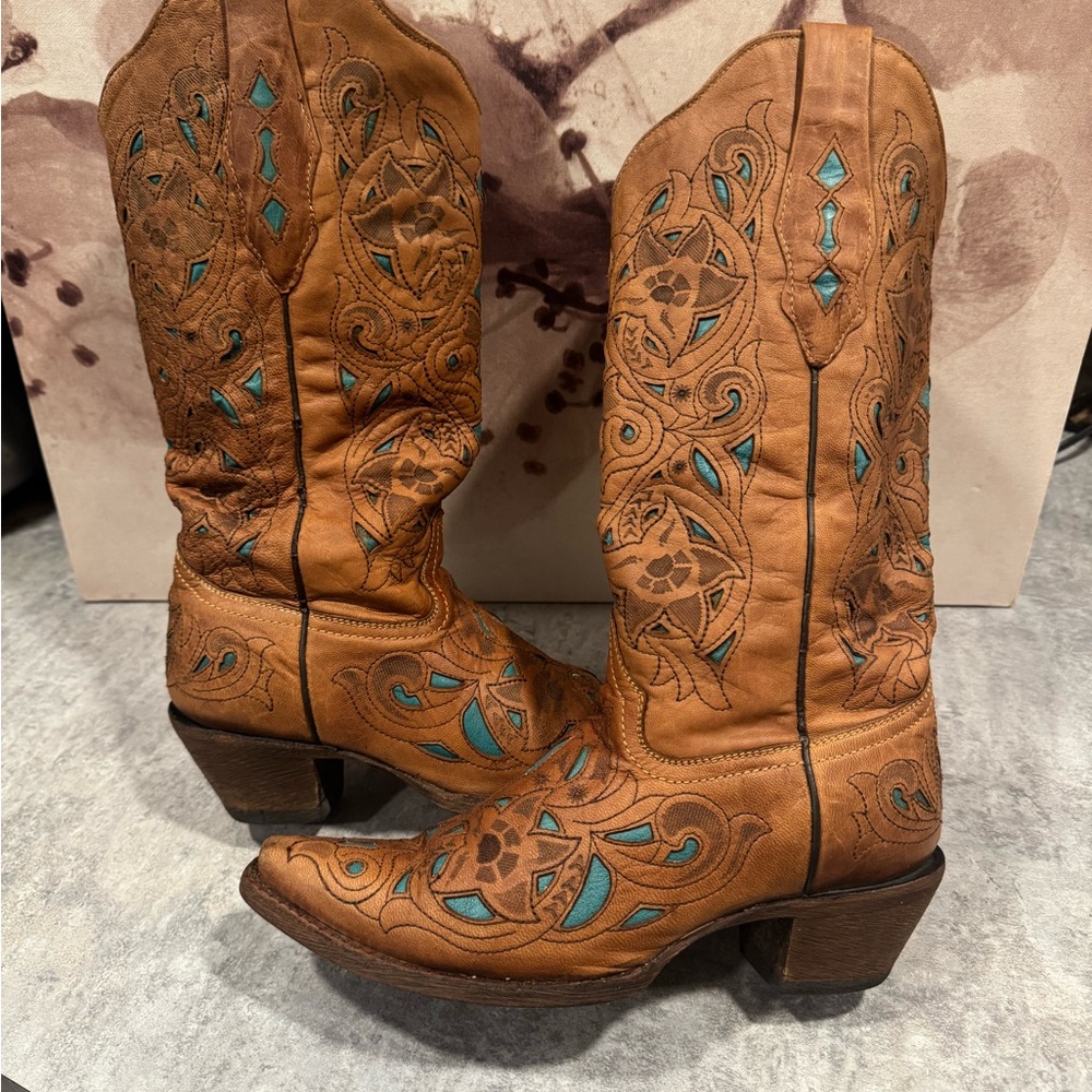 Corral Women's Size 7 M Brown Leather Inlay Western Cowboy Boots - Picture 3 of 8